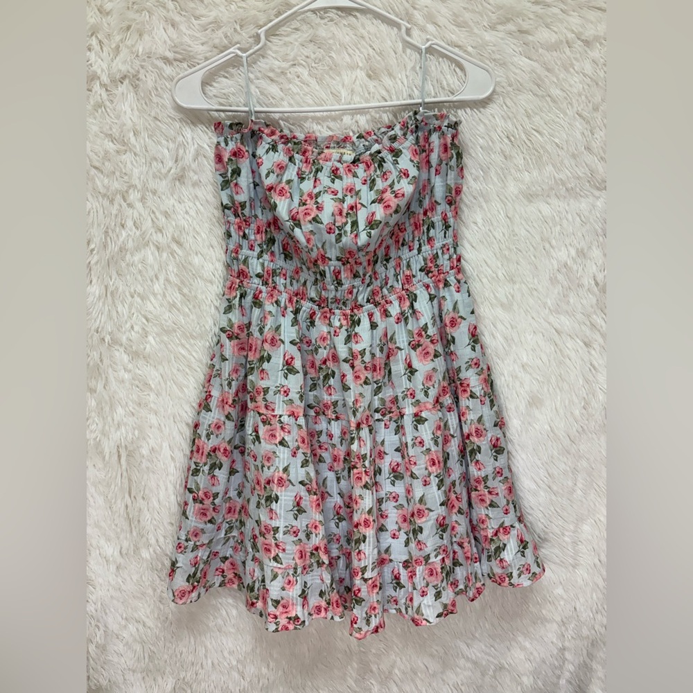 SPRING STRAPLESS FLORAL MINI DRESS | ROSE PRINT BABYDOLL CHIFFON | SIZE LARGE 🌹